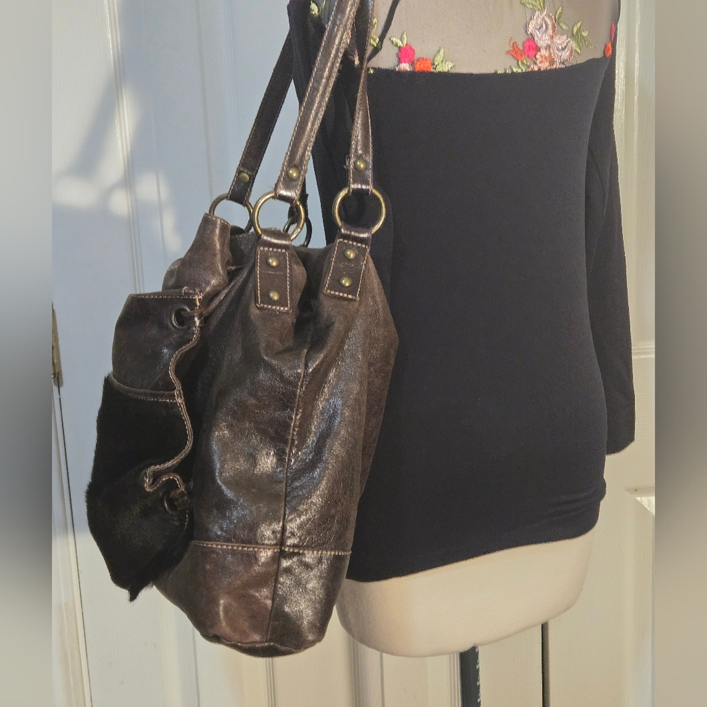 Marco Buggiani Brown Leather Drawstring Tote Bag - image 2